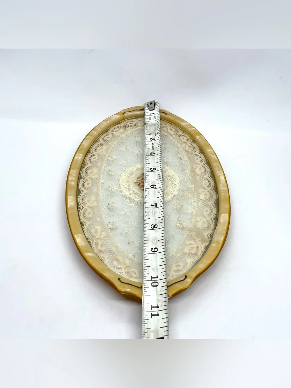 Vintage Lucite Vanity Tray with Lace & Embroidered Roses Butterscotch Oval